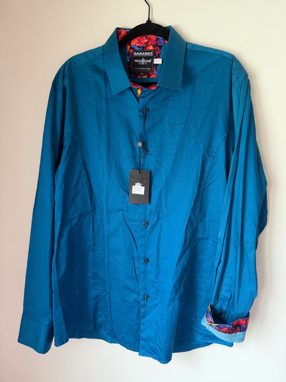 Barabas Shirt Mens XL Teal Long Sleeve Button Up Slim Fit Cotton Floral Cuff NWT